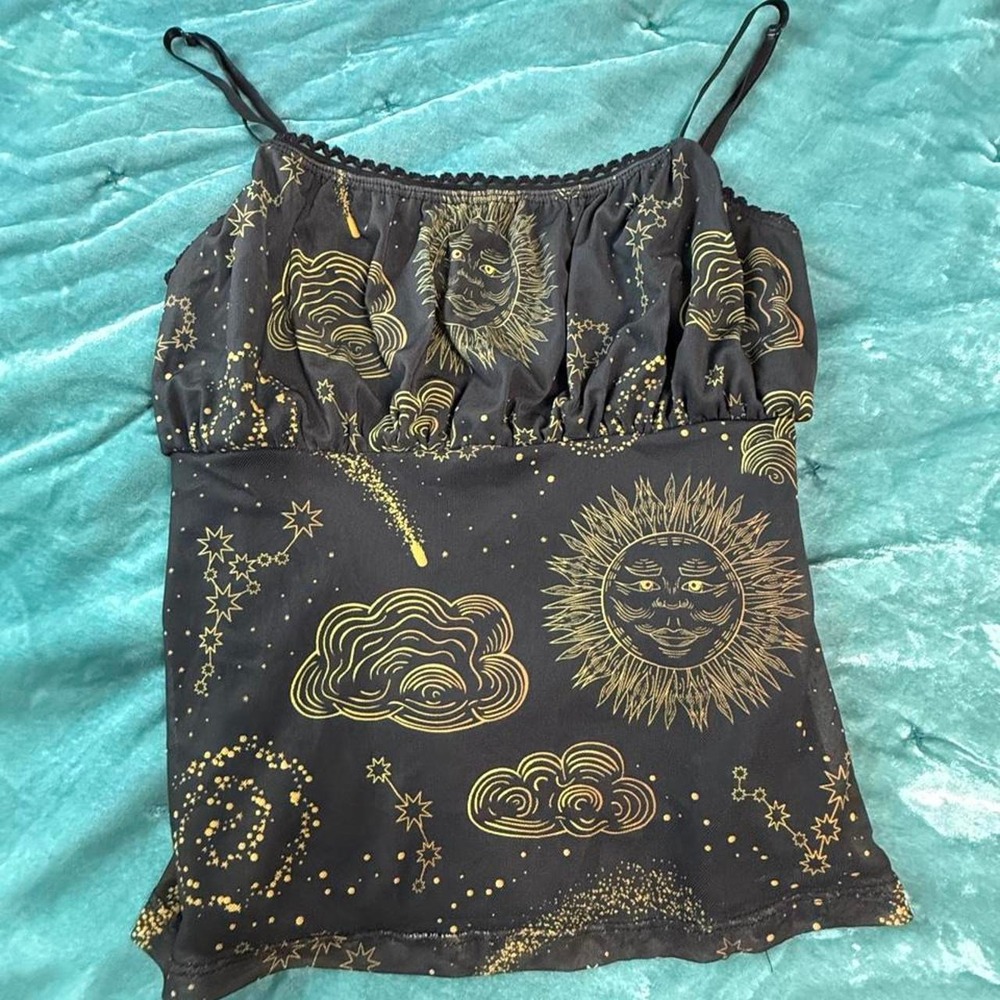 Black & gold celestial print tank top with suns, clouds, and stars, size M